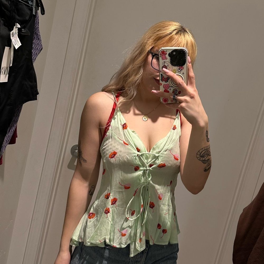 Intimately free Free People light green & red floral camisole tank top